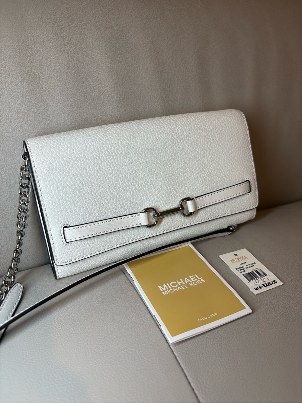 MICHAEL Michael Kors Optic White Leather Crossbody Clutch with Silver Chain